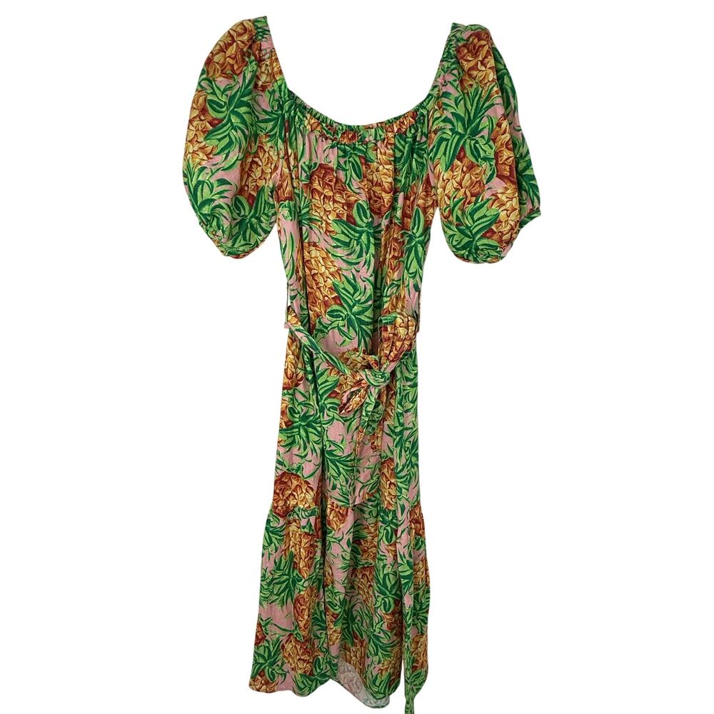 Farm Rio Pineapple Garden Linen Dress Off Shoulder Puff Sleeve Midi M Tropical - Picture 2 of 9